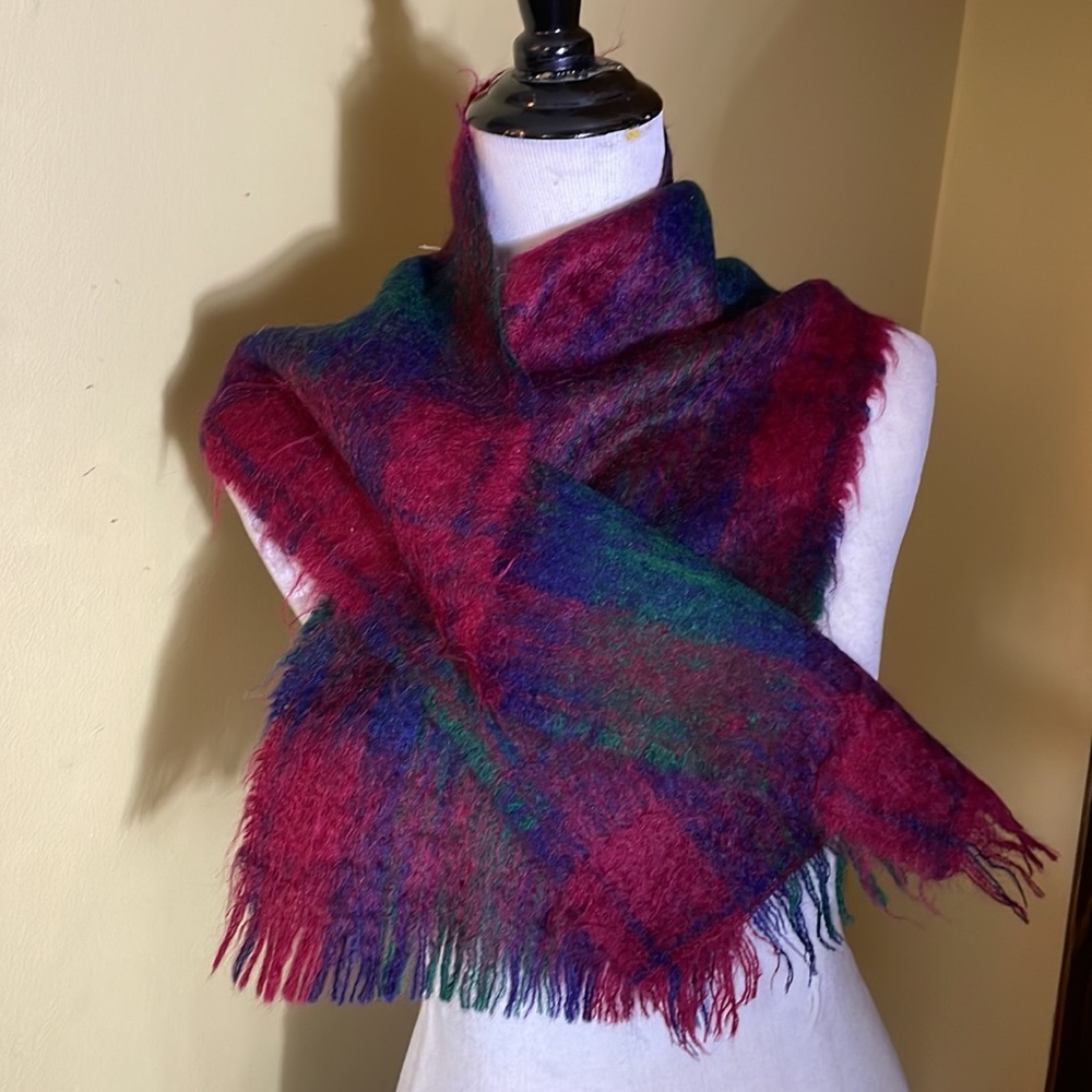 Wool Angora Winter Scarf UNISEX Fringe Edges 9”W x 46”L Plaid Vibrant $160 NEW